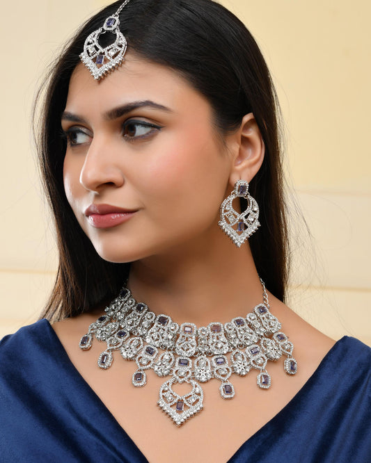 VOJ Silver-Plated American Diamond-Studded Jewellery Set - Swadesiicart