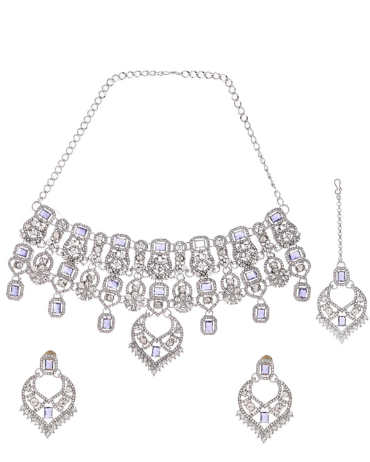 VOJ Silver-Plated American Diamond-Studded Jewellery Set