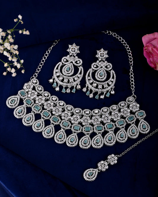 VOJ Silver-Plated American Diamond Studded Jewellery Set - Swadesiicart