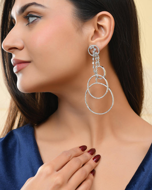 VOJ Silver Plated Ad Stone Studded Crescent Shaped Long Drop Earrings - Swadesiicart