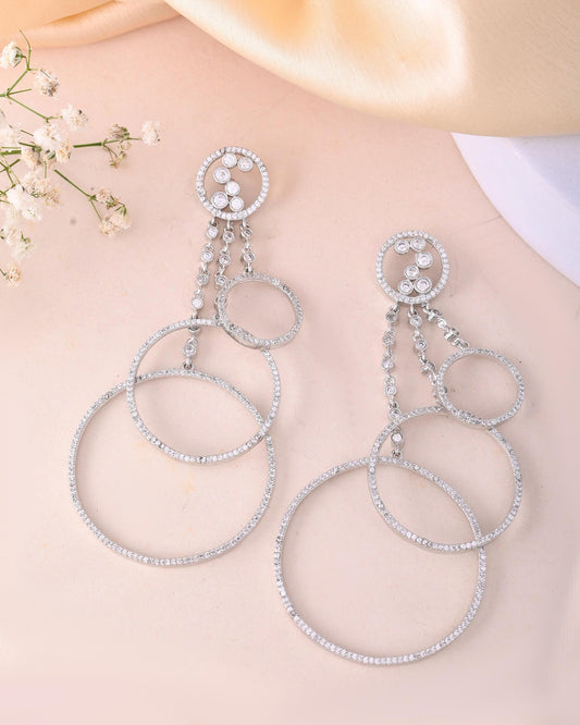 VOJ Silver Plated Ad Stone Studded Crescent Shaped Long Drop Earrings - Swadesiicart