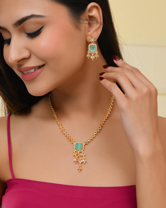 VOJ Gold-Polished Ad-Studded Sea Green Stone Jewellery Set - Swadesiicart