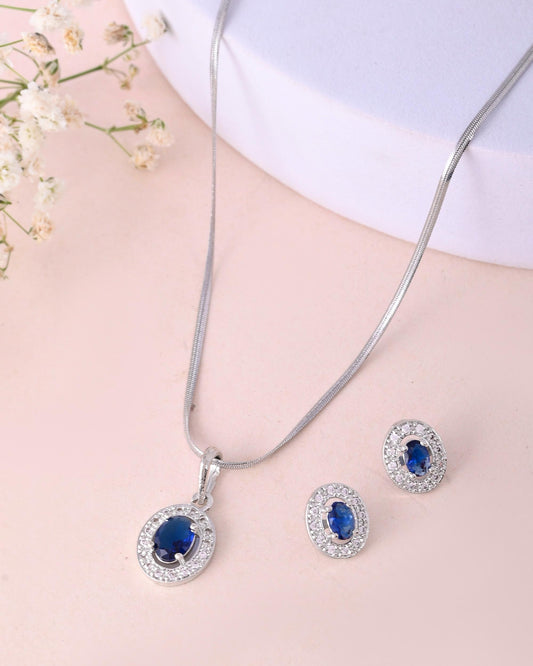 VOJ Silver Plated Blue Ad-Studded Pendant With Chain And Earrings Set - Swadesiicart