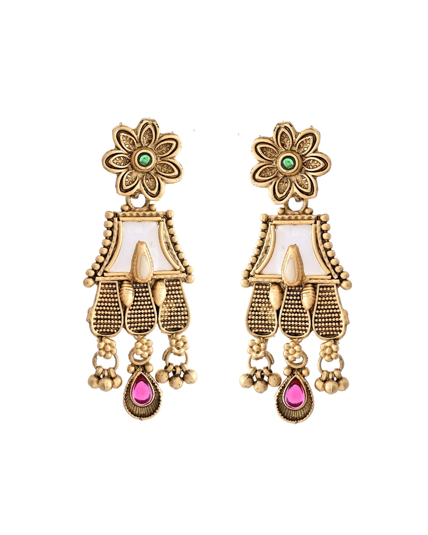 VOJ Gold-Polished Moon Stone Studded long Necklace With Earrings Set - Swadesiicart