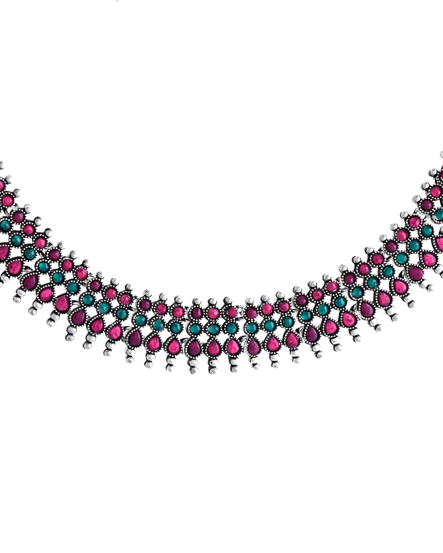 VOJ Silver Plated Oxidized Multi Color Stone Choker With Earrings Set - Swadesiicart