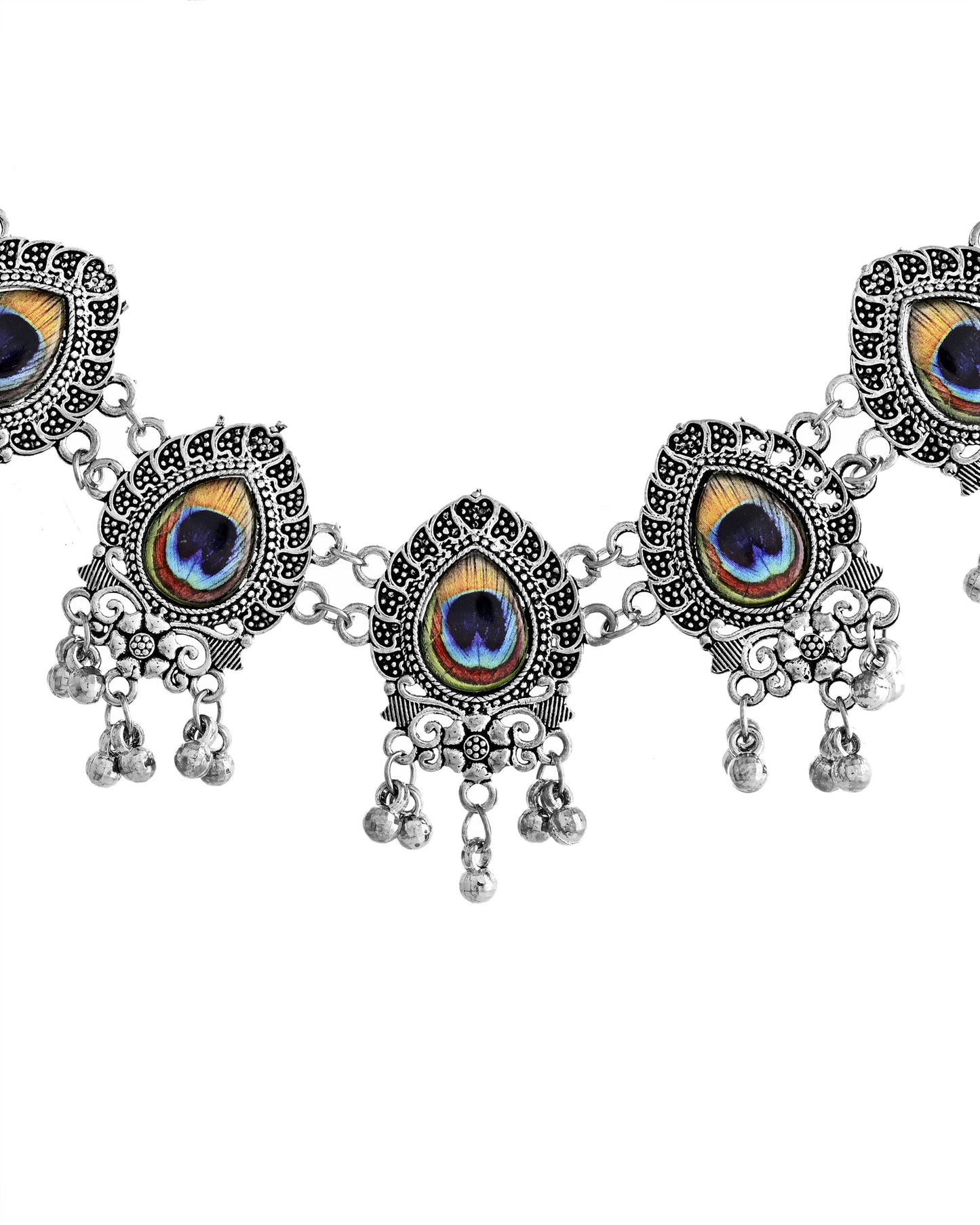 VOJ Silver Toned Peacock Printed Choker Necklace With Earrings Set - Swadesiicart