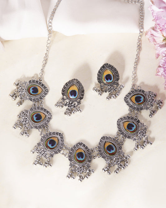 VOJ Silver Toned Peacock Printed Choker Necklace With Earrings Set - Swadesiicart