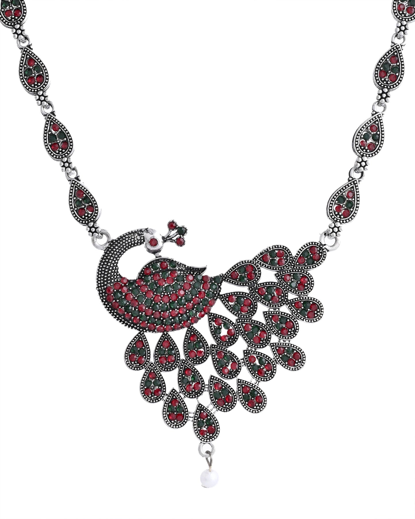 VOJ Silver Plated Peacock Shaped Multi Color Stone Studded Jewellery Set - Swadesiicart