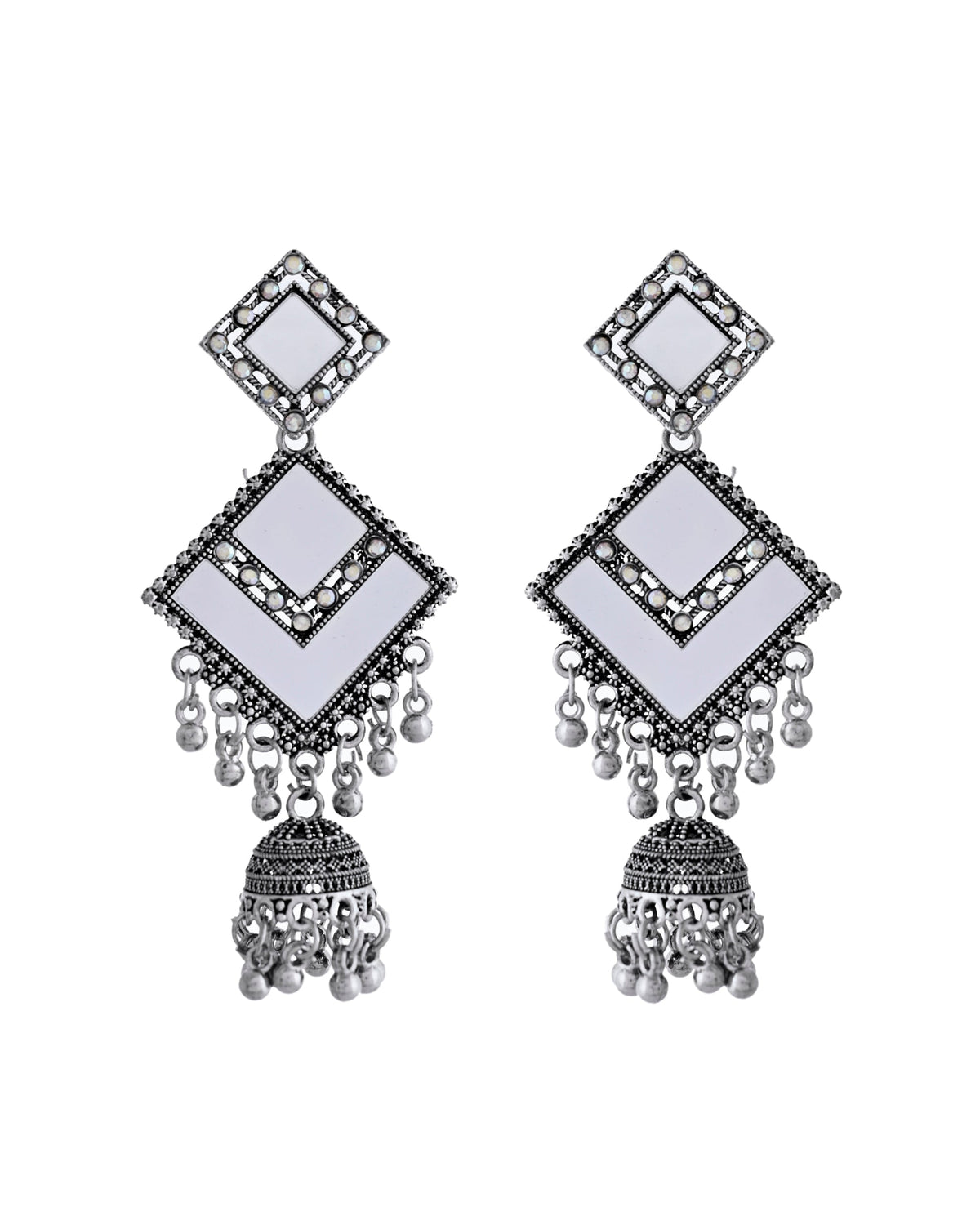 VOJ Silver Plated Mirror Studded Square Shaped Earrings