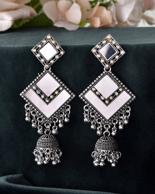 VOJ Silver Plated Mirror Studded Square Shaped Earrings - Swadesiicart