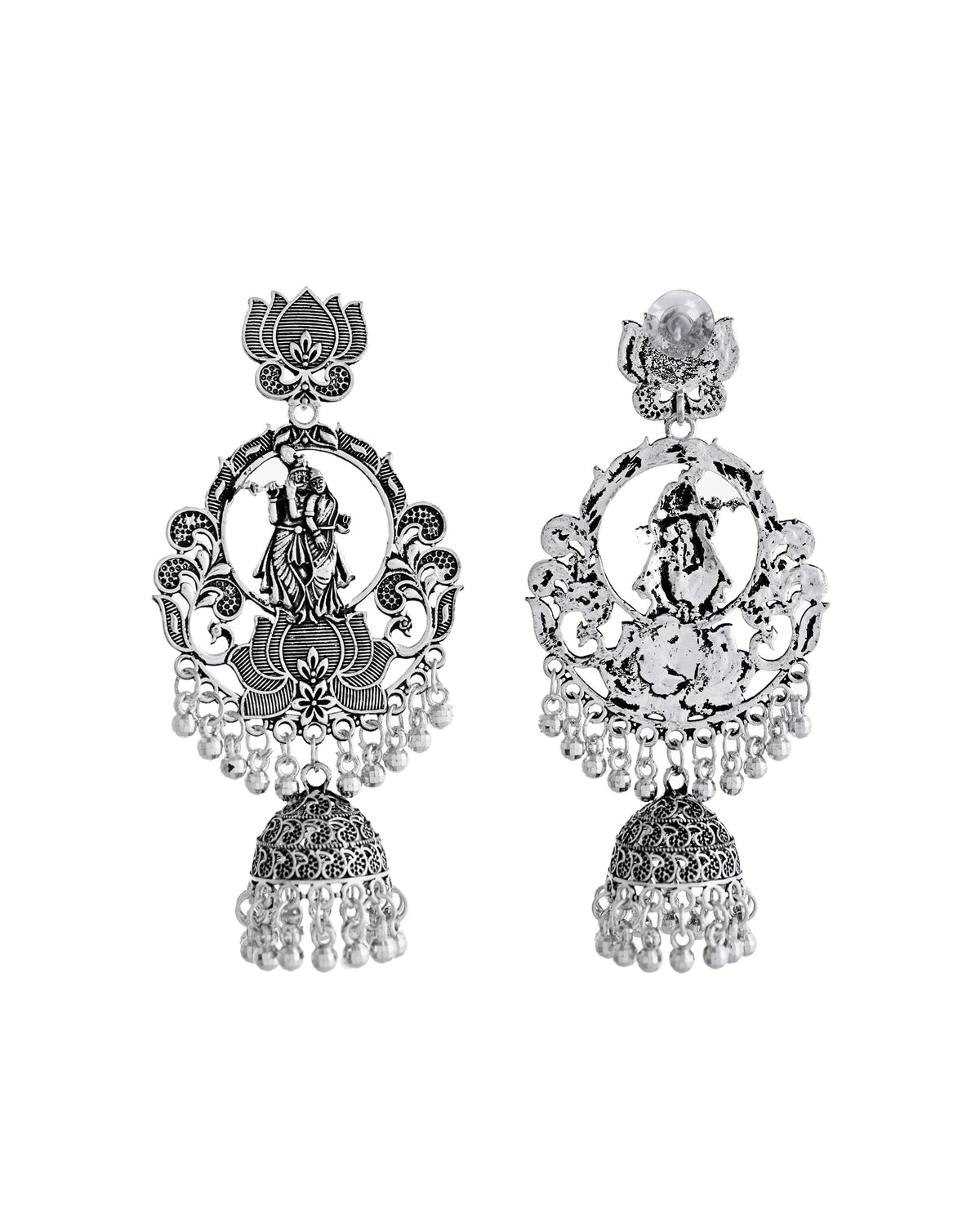 VOJ Silver Plated Radha Krishna Shaped Oxidized Earrings
