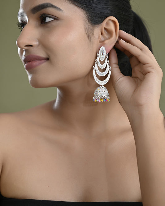 VOJ White Oxidized Mult Layer Chandbali Earrings - Swadesiicart