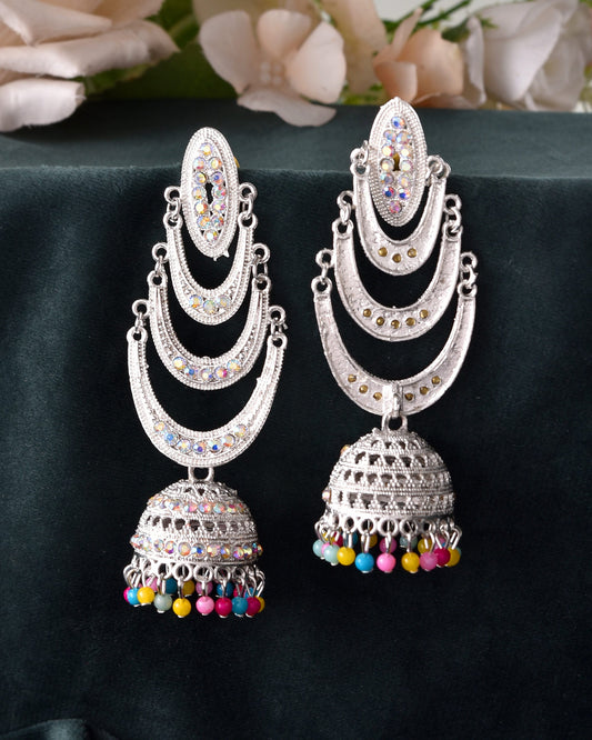 VOJ White Oxidized Mult Layer Chandbali Earrings