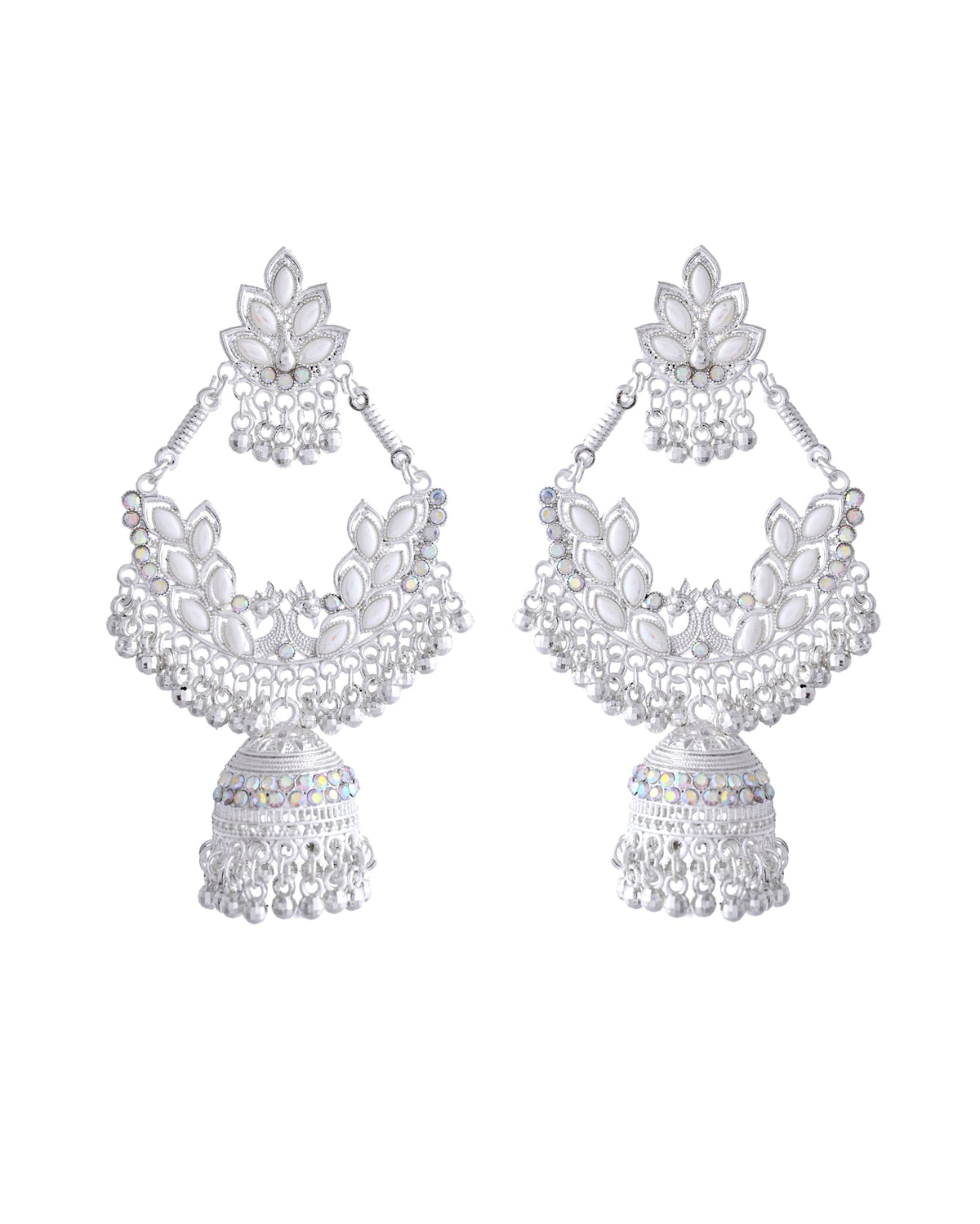 VOJ Stunning White Oxidized Chandbali with Stone And Peral Detailing Earrings