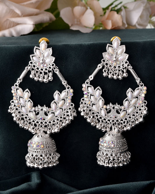 VOJ Stunning White Oxidized Chandbali with Stone And Peral Detailing Earrings - Swadesiicart