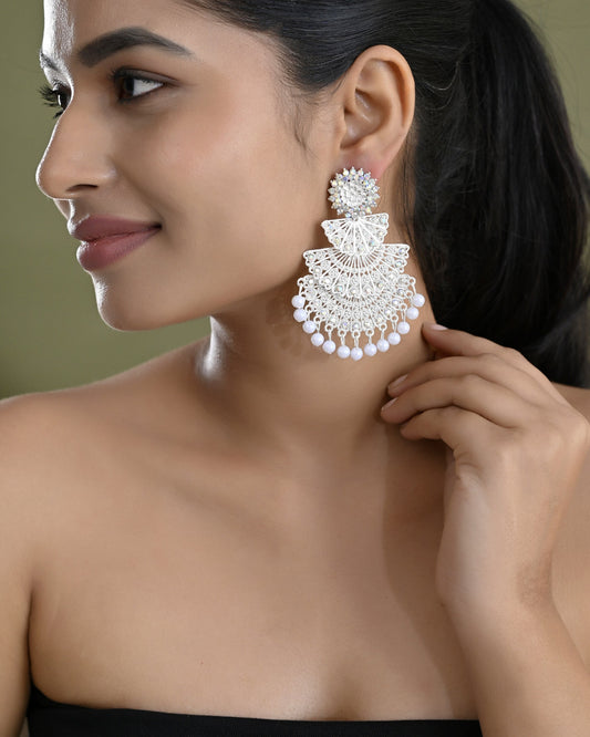VOJ White Oxidized Multi Layered Stone Studded Earrings - Swadesiicart