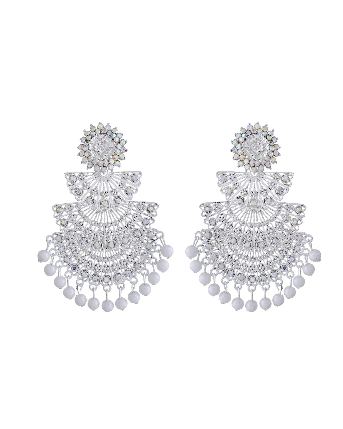 VOJ White Oxidized Multi Layered Stone Studded Earrings - Swadesiicart