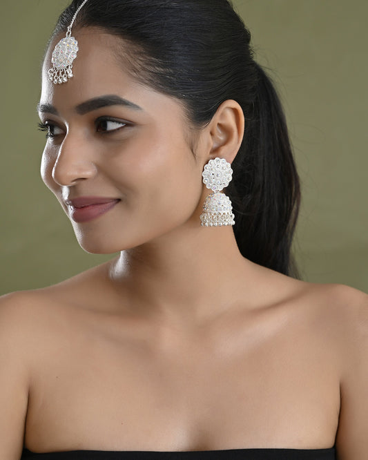 VOJ White Stone Studded Jhumkar Earrings With Maang Tikka