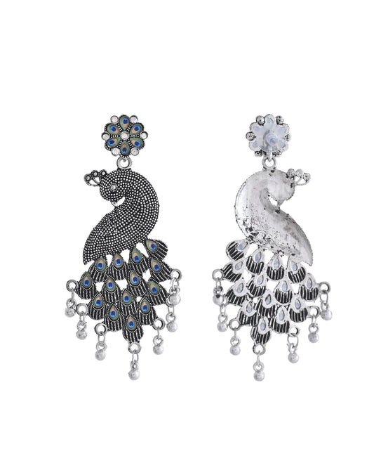 VOJ Silver Plated Oxidized Peacock Shaped Long Earrings - Swadesiicart