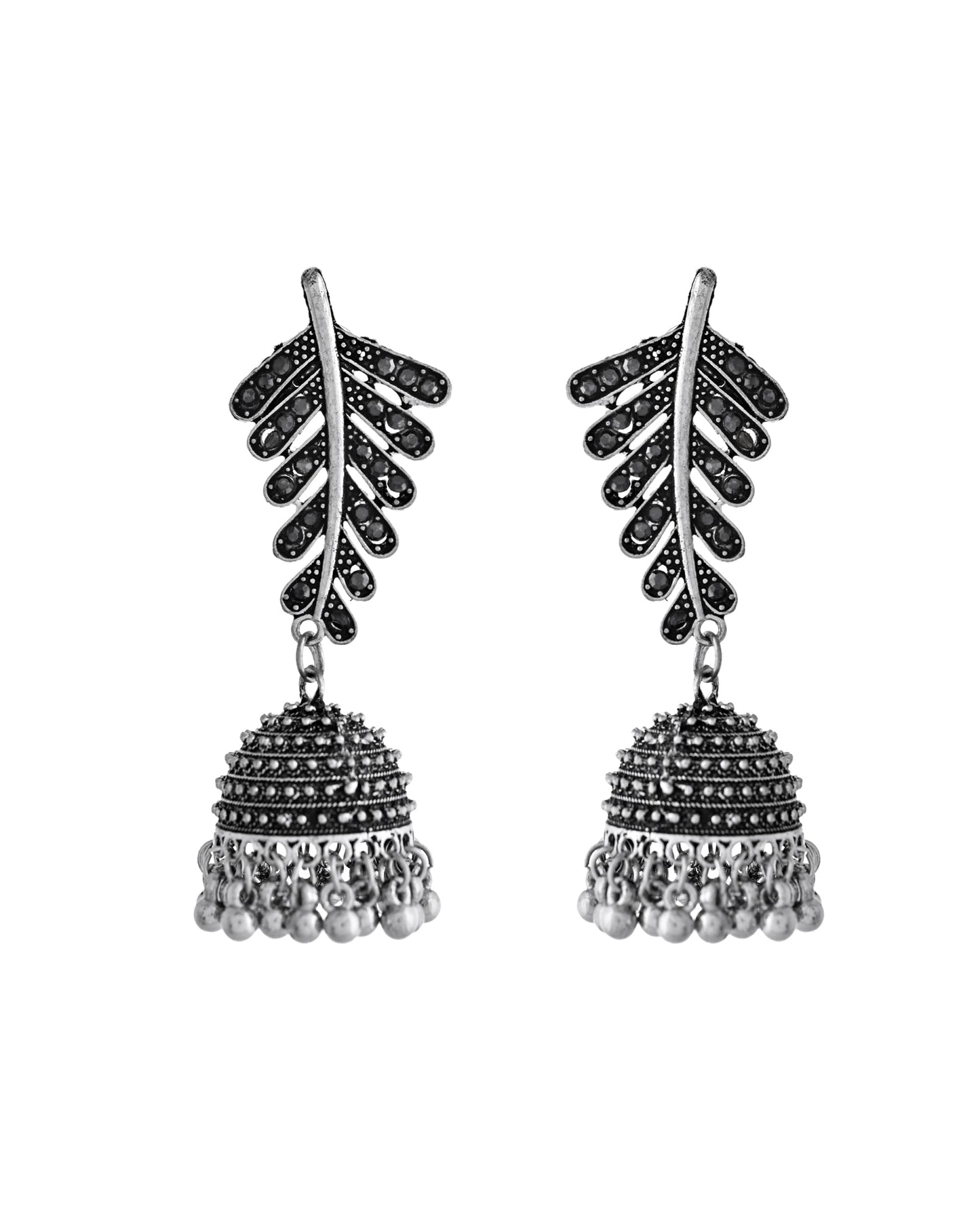 VOJ Silver Plated Oxidized Stone Studded Leaf Shaped Long Earrings - Swadesiicart