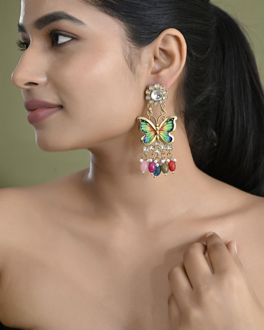 VOJ Gold Toned Multi colour Butterfly Shaped Long Earrings