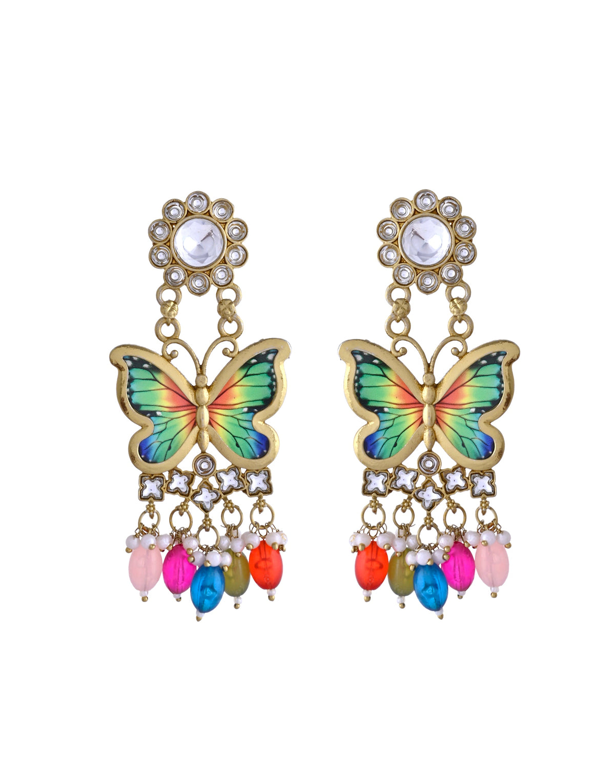 VOJ Gold Toned Multi colour Butterfly Shaped Long Earrings