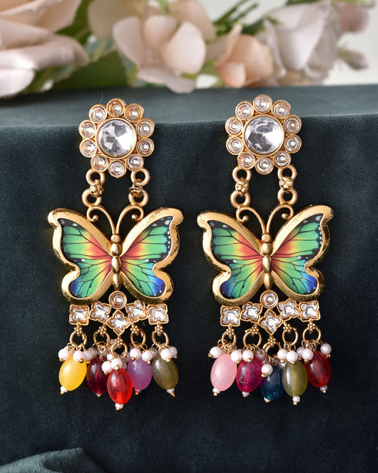 VOJ Gold Toned Multi colour Butterfly Shaped Long Earrings