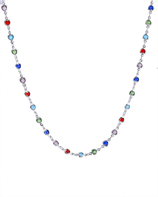 VOJ Silver Plated Multi Colour Stone Heart Shape Chain