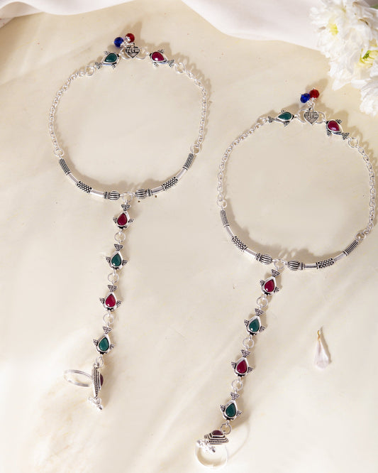 VOJ Set of 2 Silver Toned Meenakari Anklet With Toe Ring - Swadesiicart