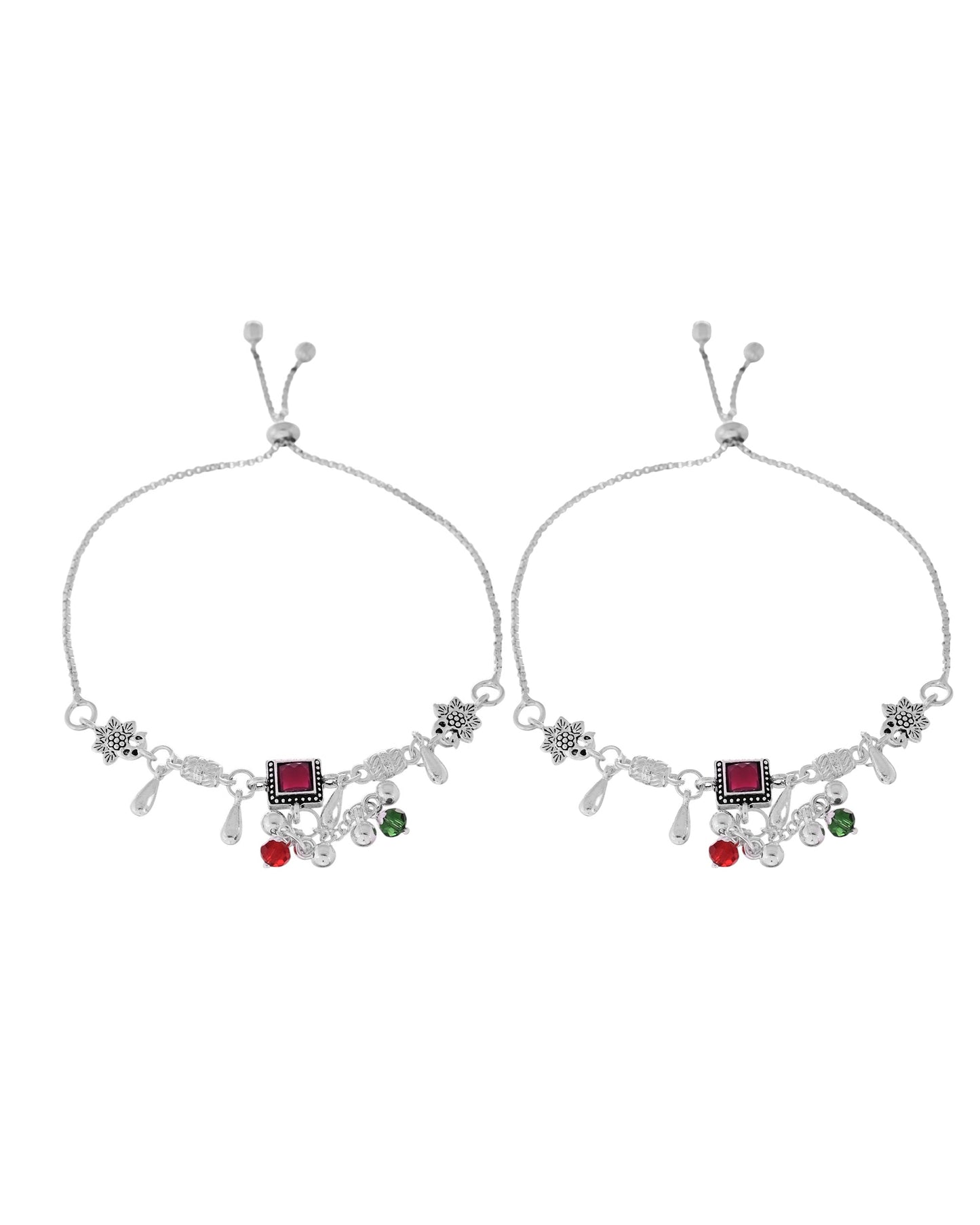 VOJ Set of 2 Silver Plated With Beads Anklet - Swadesiicart