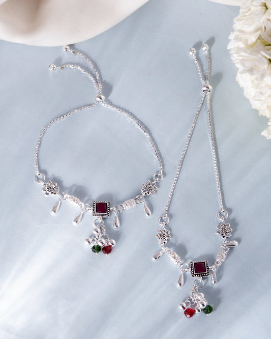 VOJ Set of 2 Silver Plated With Beads Anklet - Swadesiicart