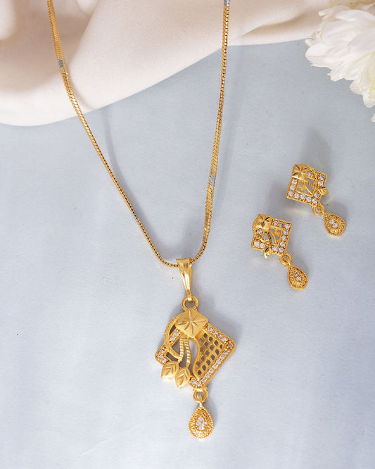 VOJ Gold-Polished AD Stone Studded Geometrical Design Chain Set | Swadesiicart