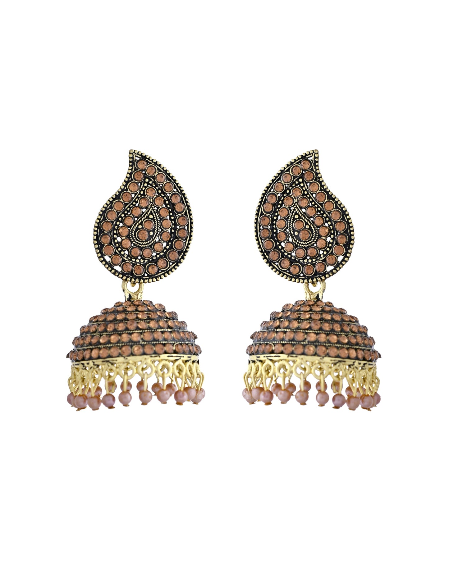 VOJ Gold Toned Stone Studded Done Shaped Jhumka Earrings - Swadesiicart