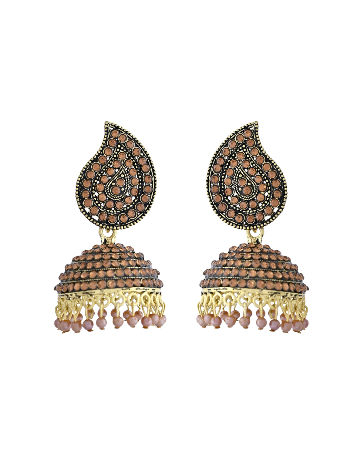 VOJ Gold Toned Stone Studded Done Shaped Jhumka Earrings