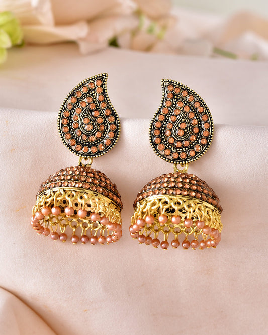 VOJ Gold Toned Stone Studded Done Shaped Jhumka Earrings - Swadesiicart