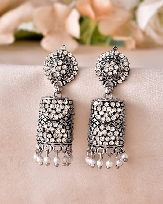 VOJ Silver Toned Stone Studded Jhumka Earrings - Swadesiicart