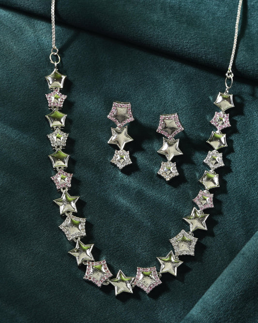 VOJ Silver Plated Star Shaped Necklace With Earrings Set - Swadesiicart