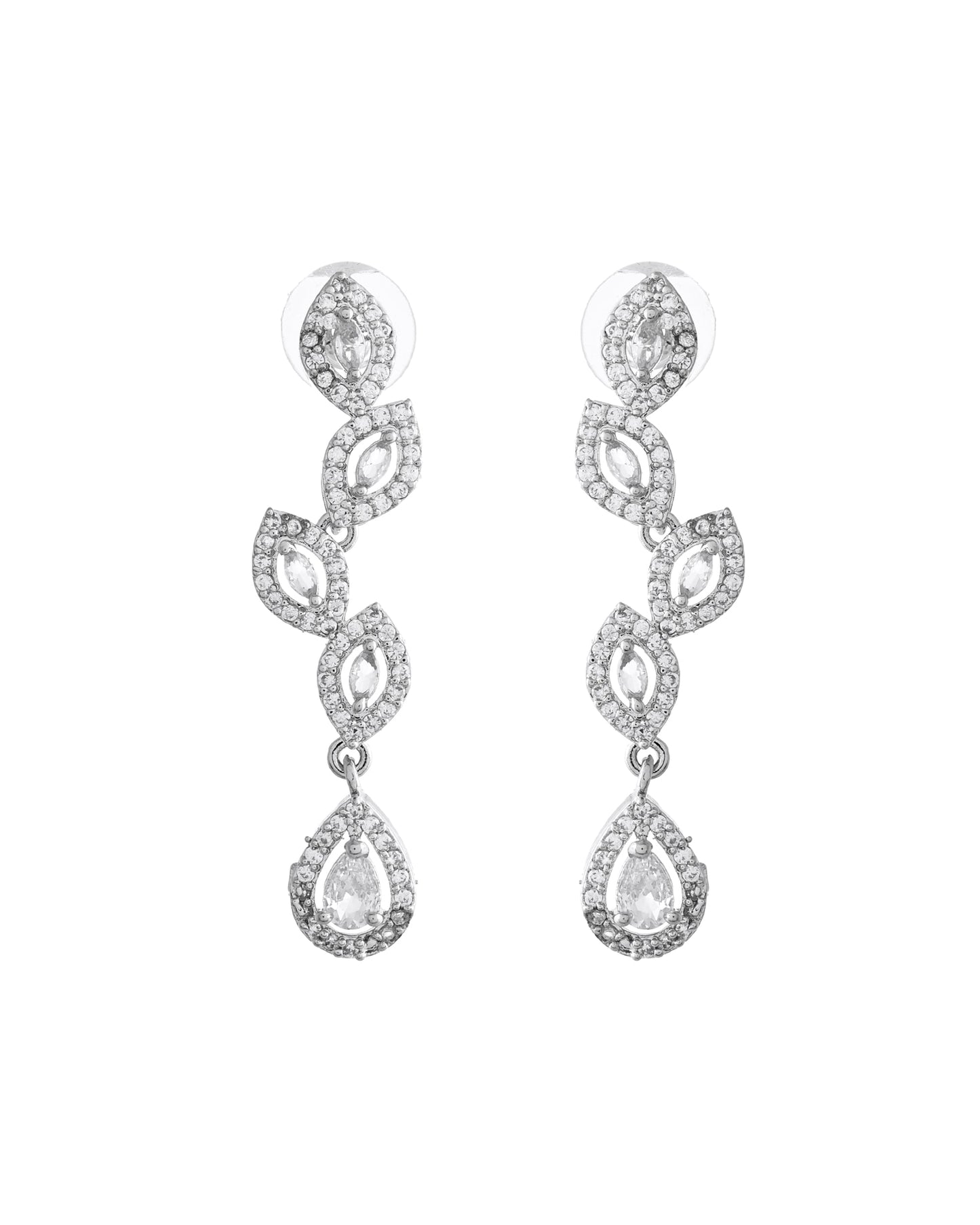 VOJ Silver Plated Tear Drop Shaped AD Necklace With Earrings Set - Swadesiicart