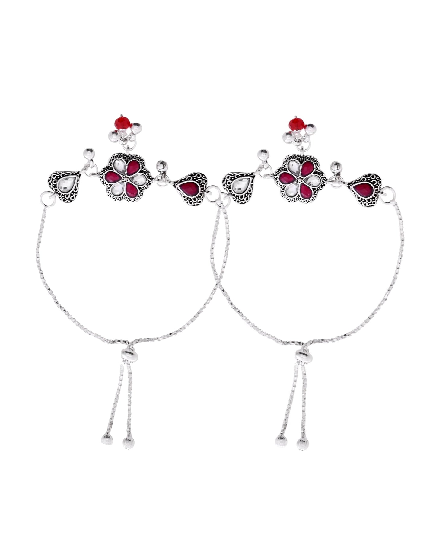 VOJ Set of 2 Silver Plated Floral Meenakari Anklet - Swadesiicart