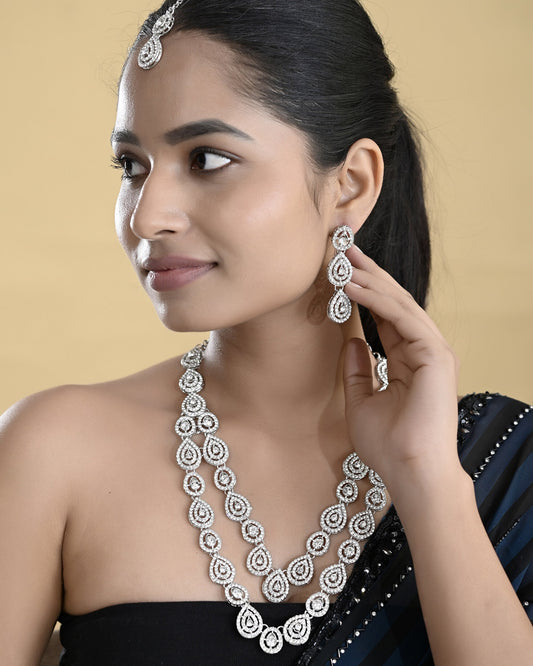 VOJ Sliver Plated American Diamond Studded Jewellery Set