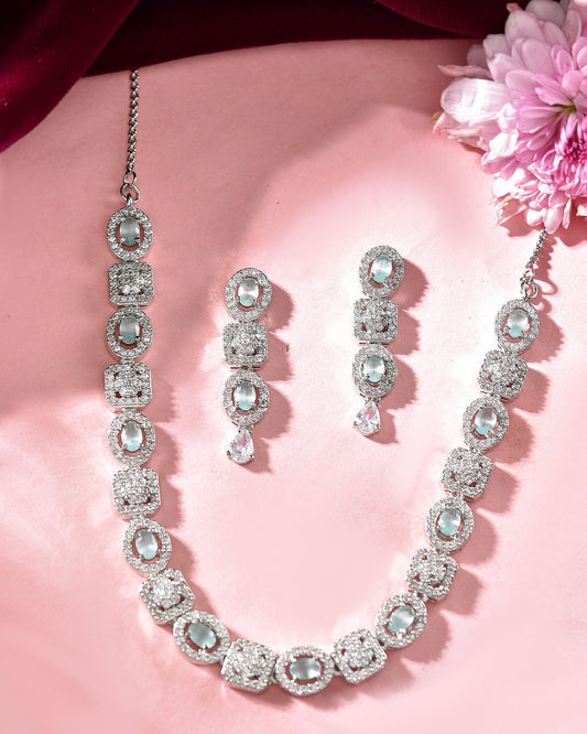 VOJ Silver Plated Mint Green Stone AD Jewellery Set - Swadesiicart