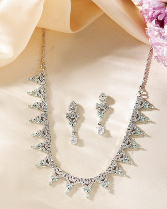 VOJ Silver Plated Mint Green Stone AD Necklace And Earrings Set - Swadesiicart
