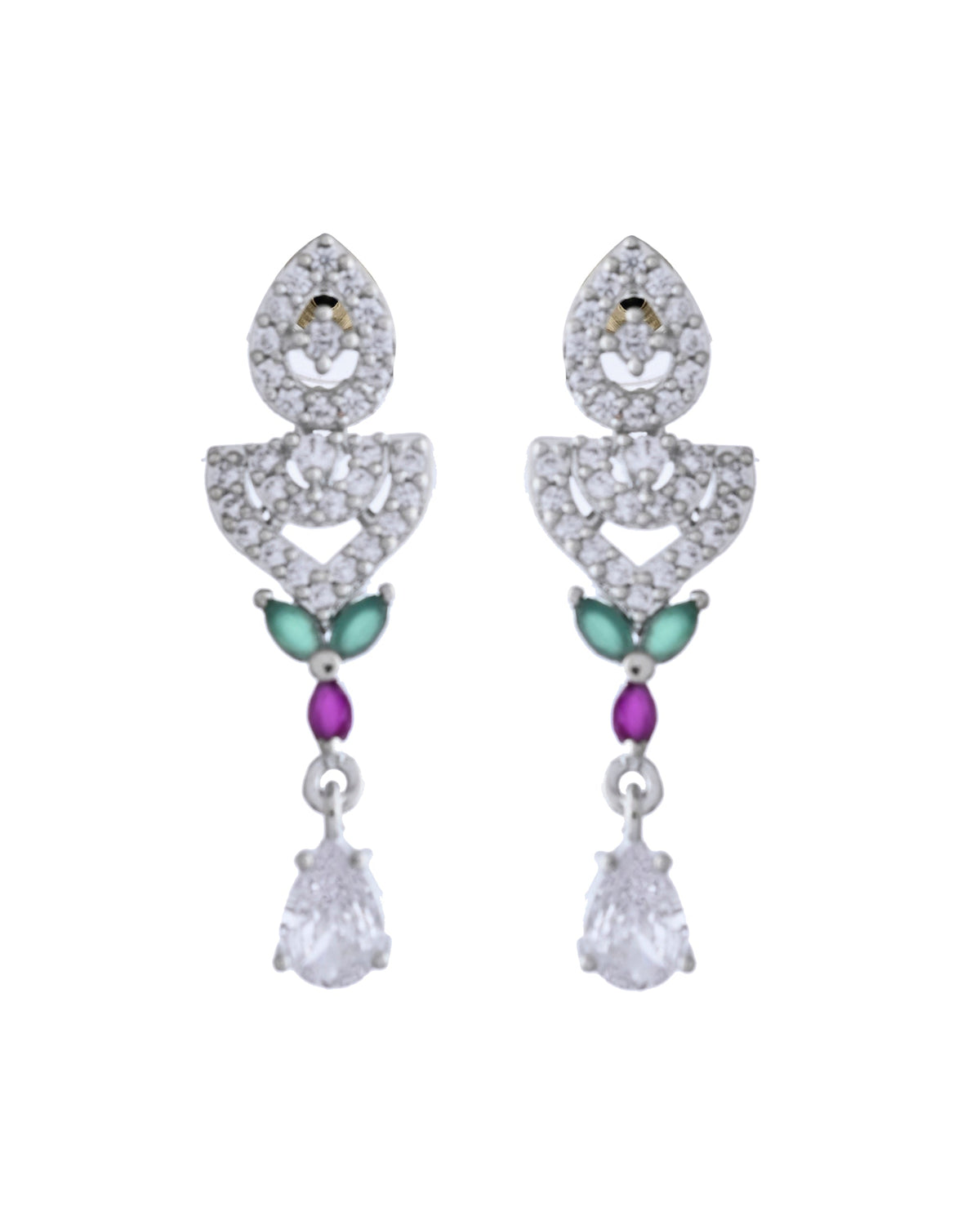 VOJ Silver Plated Green And Pink Stone AD Necklace And Earrings Set