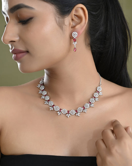 VOJ Silver Plated Pink Stone Circular AD Jewellery Set
