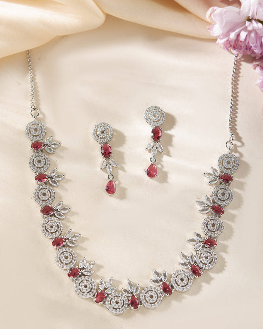 VOJ Silver Plated Pink Stone Circular AD Jewellery Set - Swadesiicart
