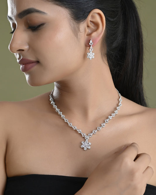 VOJ Silver Plated Floral AD Jewellery Set