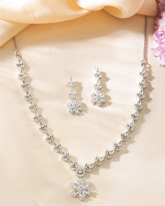 VOJ Silver Plated Floral AD Jewellery Set