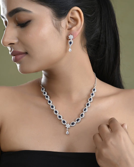 VOJ Silver Plated Dark Stone Tear Drop Shaped AD Jewellery Set - Swadesiicart