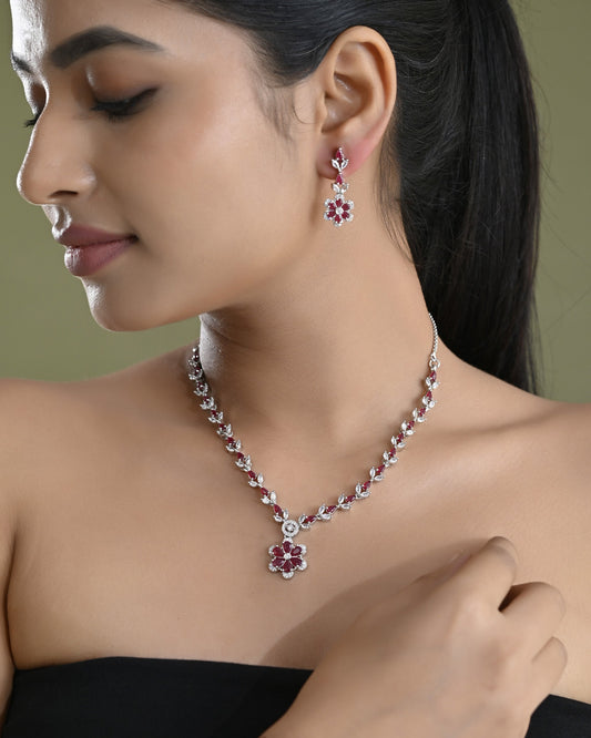 VOJ Silver Plated Marron Stone Floral AD Jewellery Set - Swadesiicart