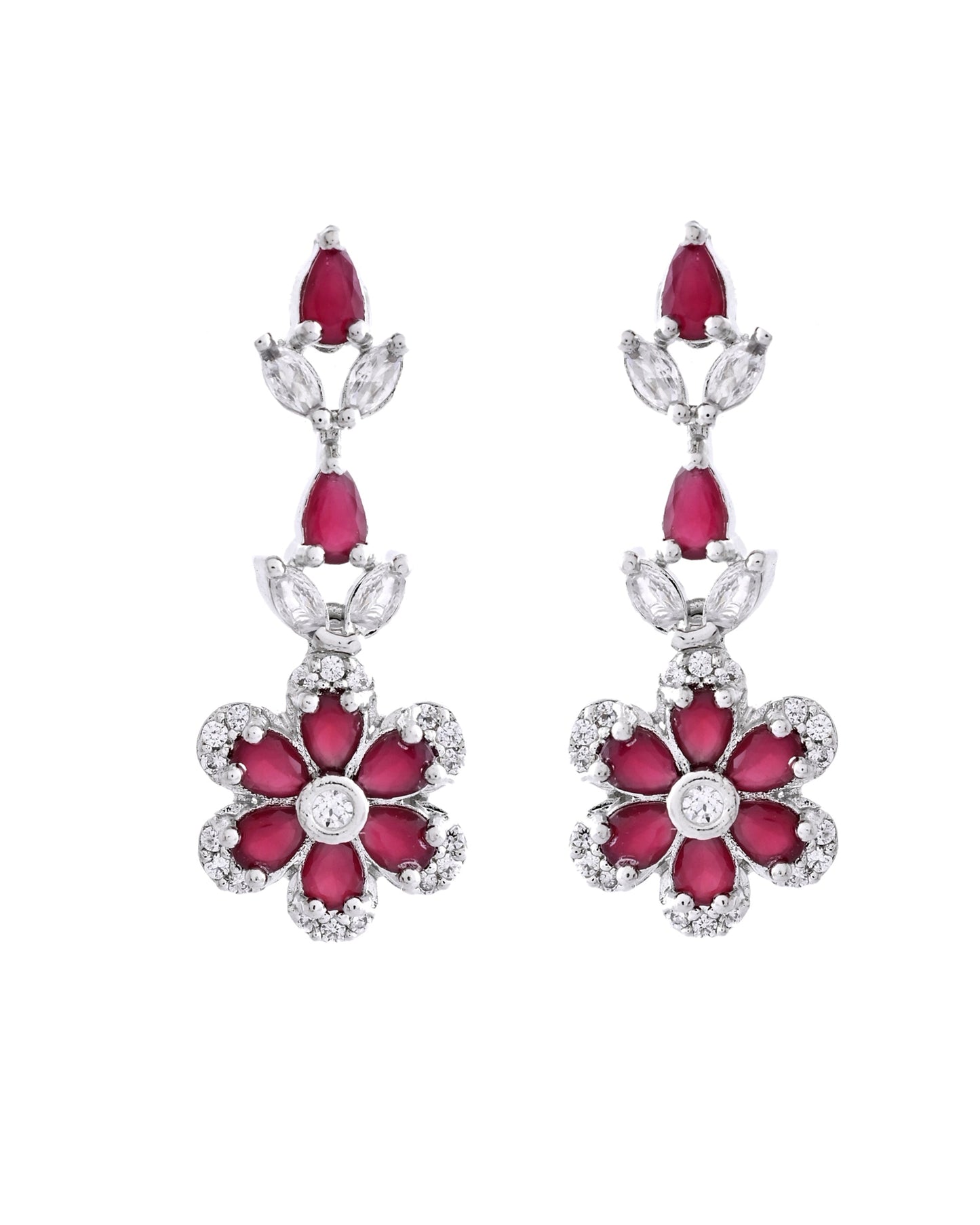 VOJ Silver Plated Marron Stone Floral AD Jewellery Set - Swadesiicart
